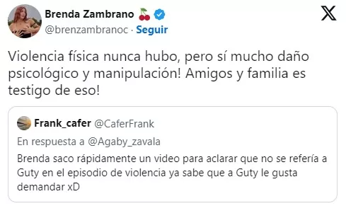 Brenda Zambrano aseguró haber sufrido violencia psicológica por parte de Guty Zambrano. Fuente: X