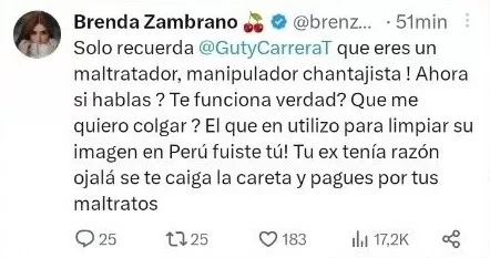 Brenda Zambrano y su iracunda reacción a las declaraciones de su expareja Guty Carrera: Foto: X