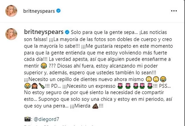 Mensaje de Britney Spears en Instagram/Foto: Instagram