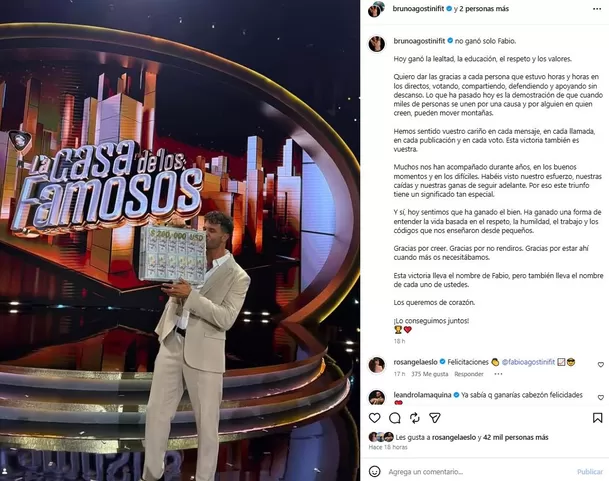 Bruno Agostini dedica emotivo mensaje a Fabio tras ganar La Casa de los Famosos. Video: Instagram @brunoagostinifit