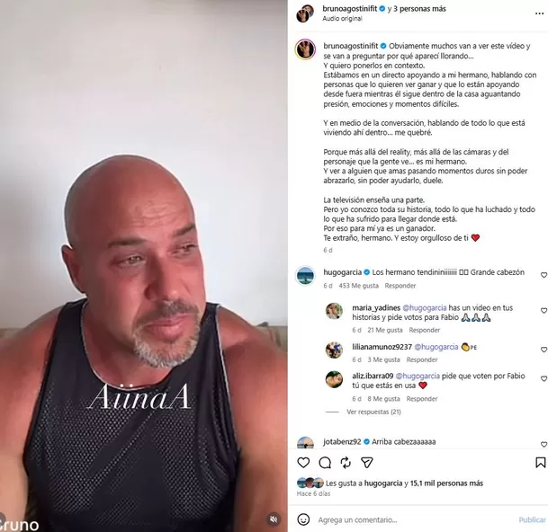 Bruno Agostini no pudo contener las lágrimas mientras hablaba de Fabio en La Casa de los Famosos. Video: Instagram