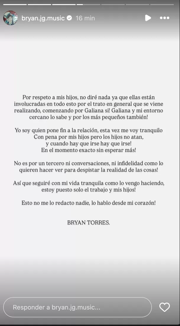 Bryan Torres salió al frente y lanzó un mensaje contundente. Foto: Instagram Bryan Torres salió al frente y lanzó un mensaje contundente. Foto: Instagram
