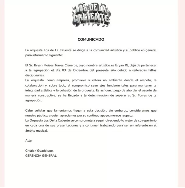 Comunicado de orquesta 'Los de la caliente' sobre Bryan Torres / Instagram