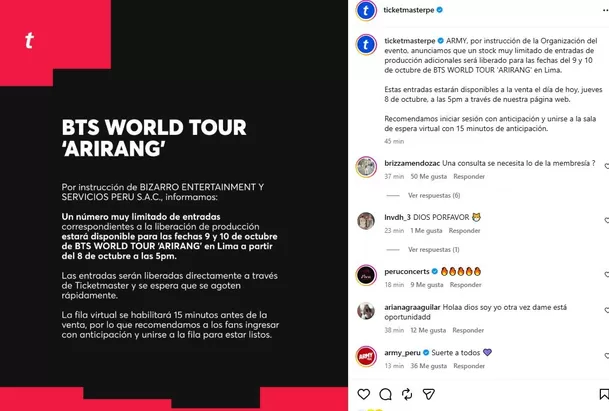 Ticketmaster liberará nuevo lote de entradas para los conciertos del 9 y 10 de octubre / IG: @ticketmasterpe Ticketmaster liberará nuevo lote de entradas para los conciertos del 9 y 10 de octubre / IG: @ticketmasterpe