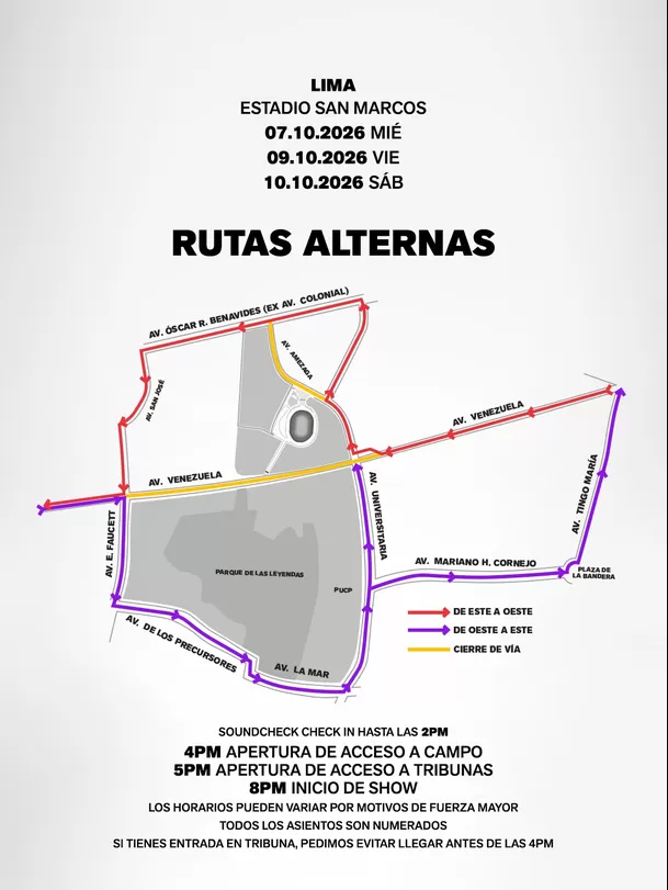 Las rutas alternas para los conciertos de BTS en Lima / IG: @livenationperu Las rutas alternas para los conciertos de BTS en Lima / IG: @livenationperu