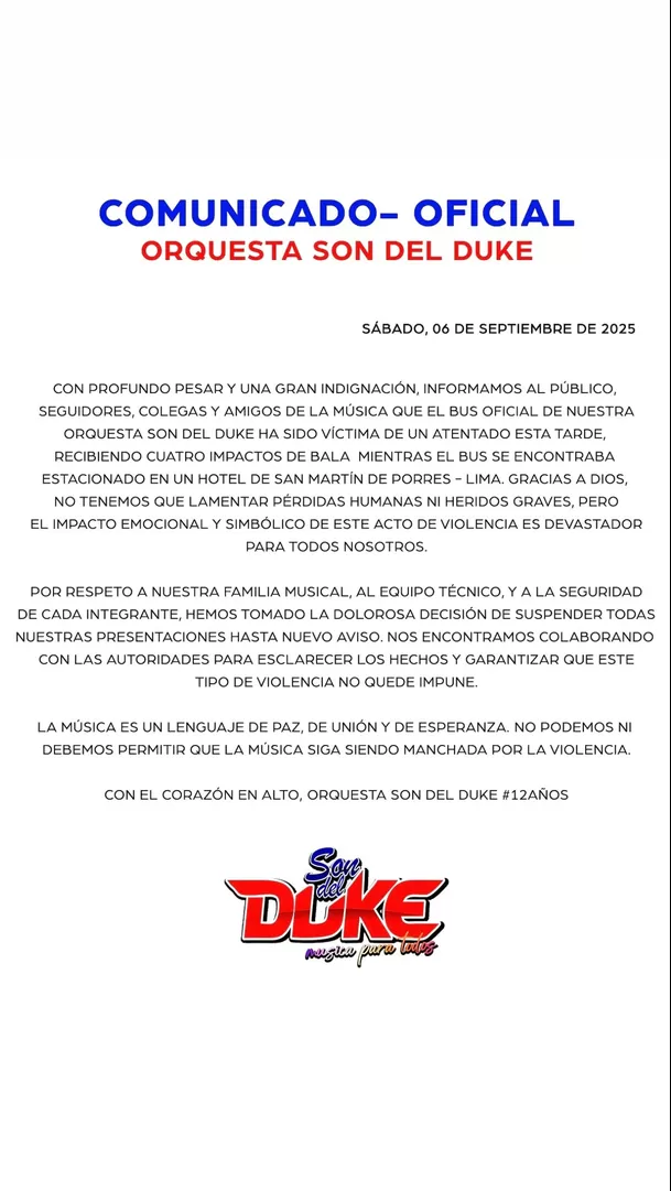 Bus de la orquesta Son del Duke sufrió ataque a balazos en San Martín de Porres. Fuente: Instagram