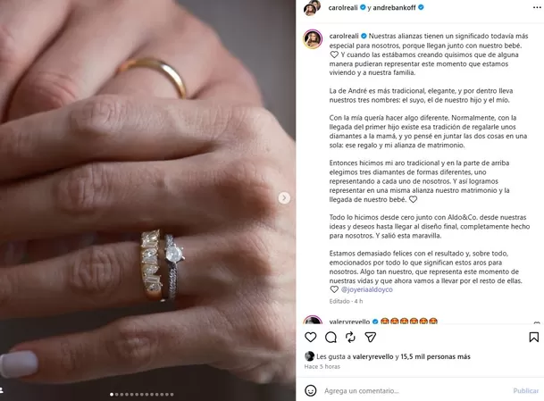 Carol Reali mostró de cerca las alianzas que diseñó junto a André Bankoff para celebrar su matrimonio y la llegada de su primer bebé. La joya de la influencer destaca por sus tres diamantes Carol Reali mostró de cerca las alianzas que diseñó junto a André Bankoff para celebrar su matrimonio y la llegada de su primer bebé. La joya de la influencer destaca por sus tres diamantes