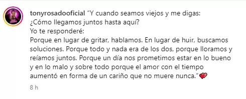 Tony Rosado publicó mensaje de amor para su esposa y limitó los comentarios. Foto: Instagram