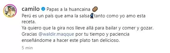 Camilo mostró su admiración por la gastronomía peruana en Instagram7Foto: Instagram