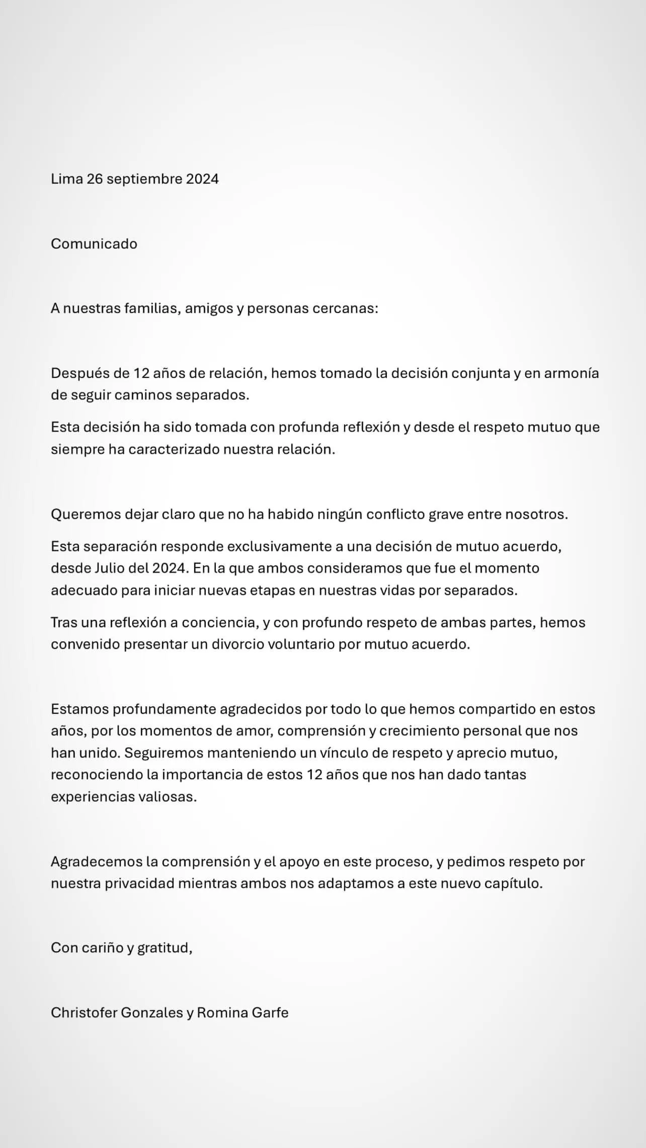 Comunicado de 'Canchita' Gonzáles sobre separación de su esposa / Instagram Comunicado de 'Canchita' Gonzáles sobre separación de su esposa / Instagram