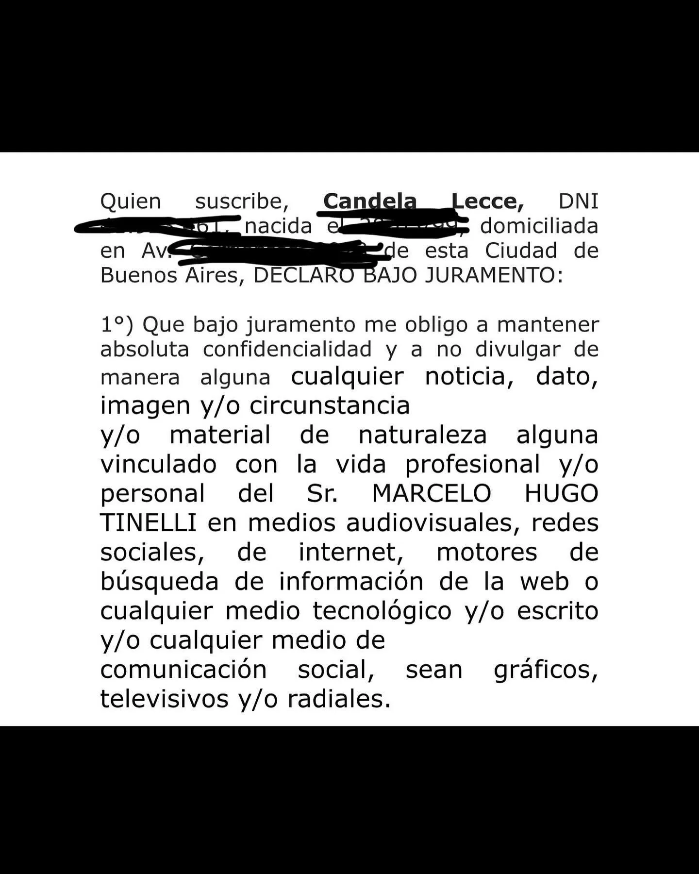 Contrato que firmó  Cande Lecce de confidencialidad sobre Marcelo Tinelli/Foto: Instagram