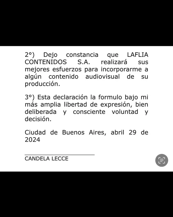 Contrato de confidencialidad que publicó  Cande Lecce/Foto: Instagram