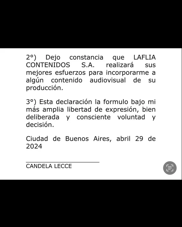 Contrato de confidencialidad que publicó  Cande Lecce/Foto: Instagram