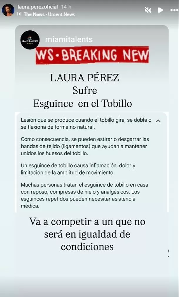 Laura Pérez sufrió esguince tras caer de más de tres metros de altura en pleno programa Miss Universe Latina / Instagram