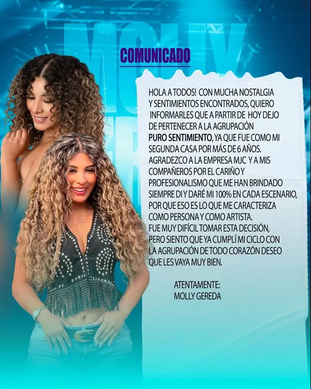 Molly Gereda anunció su salida de Puro Sentimiento mediante un comunicado / Instagram Molly Gereda anunció su salida de Puro Sentimiento mediante un comunicado / Instagram