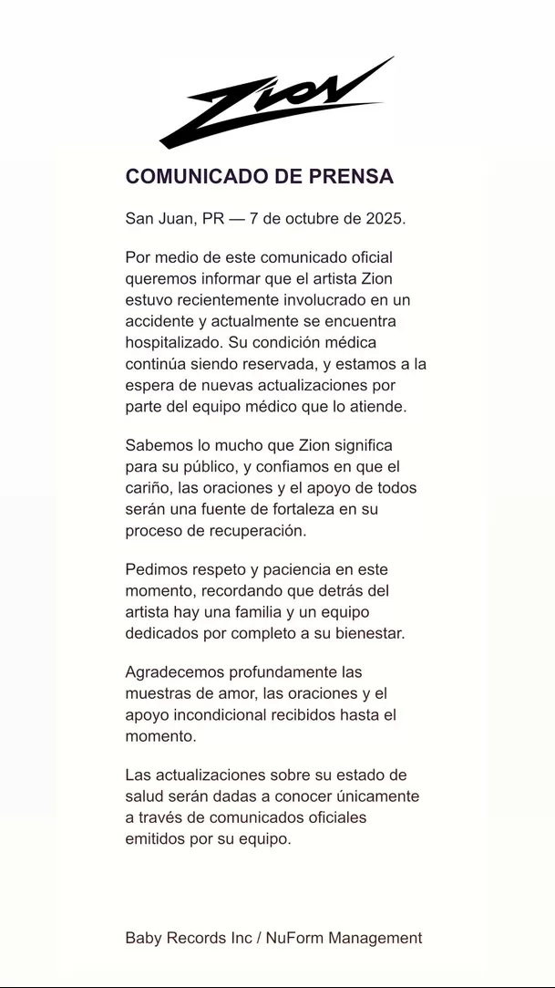 Comunicado sobre el accidente vehícular del cantante puertorriqueño Zion / Instagram
