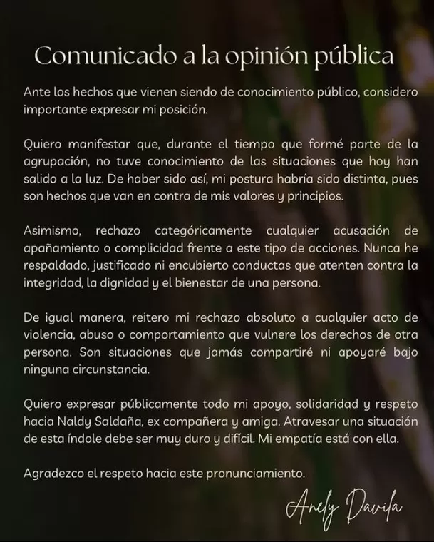 Comunicado de Anely Dávila / IG: anelydavila_oficial Comunicado de Anely Dávila / IG: anelydavila_oficial