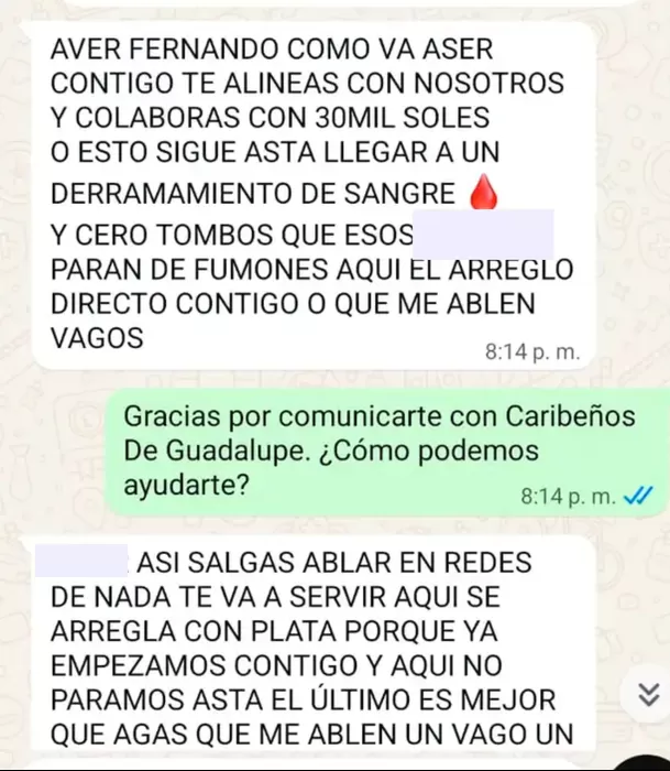 Extorsionadores le exigen 30 mil soles al dueño de los Caribeños de Guadalupe / Captura Extorsionadores le exigen 30 mil soles al dueño de los Caribeños de Guadalupe / Captura