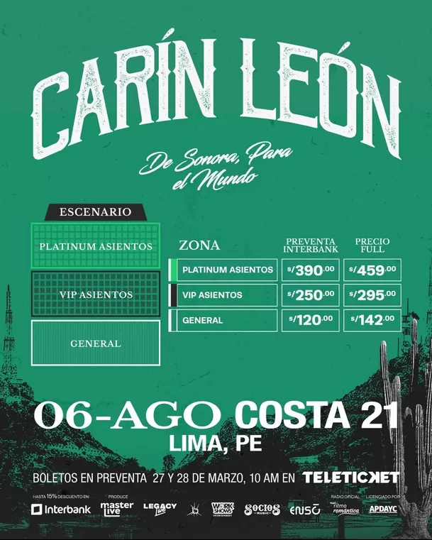 Entradas para el concierto de Carín León en Lima el 6 de agosto / Masterlive Perú