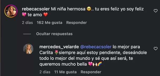Rebeca Cortés Soler, madre de Carla, no dudó en expresar su emoción al ver a su hija comprometida. Foto: Instagram