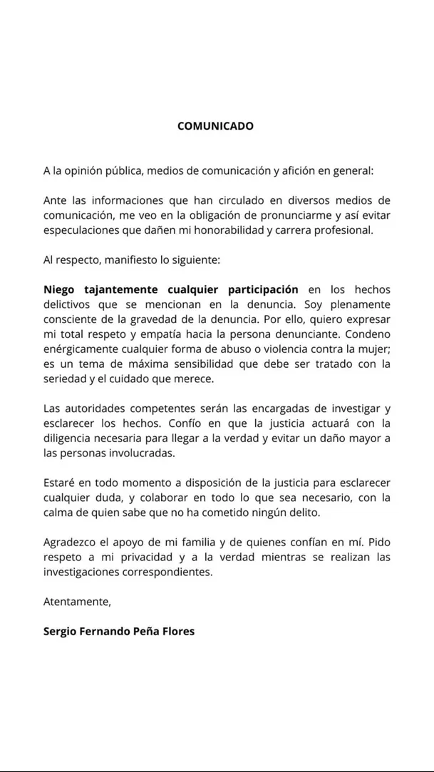 Comunicado de Sergio Peña tras denuncia de presunto abuso sexual / Instagram