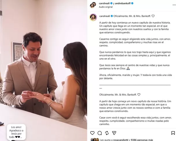 Carol Reali compartió imágenes de su boda con André Bankoff / IG: @carolreali / @andrebankoff Carol Reali compartió imágenes de su boda con André Bankoff / IG: @carolreali / @andrebankoff