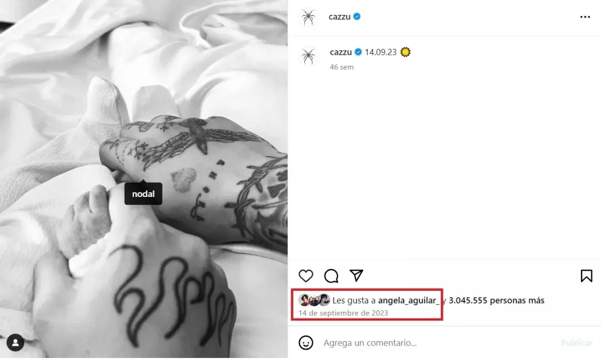 Cazzu dejó esta fotografía con Nodal que incluye el 'me gusta' de Ángela Aguilar. Fuente: Instagram