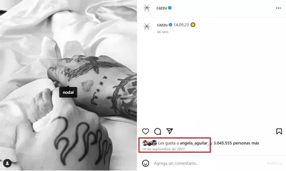 Cazzu dejó esta fotografía con Nodal que incluye el 'me gusta' de Ángela Aguilar. Fuente: Instagram