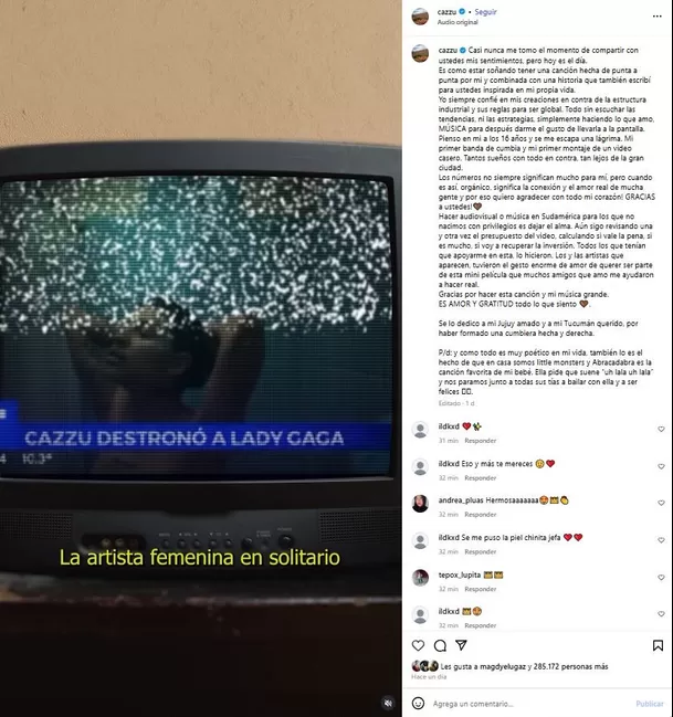 Mensaje de Cazzu tras destronar a Lady Gaga. Fuente: Instagram