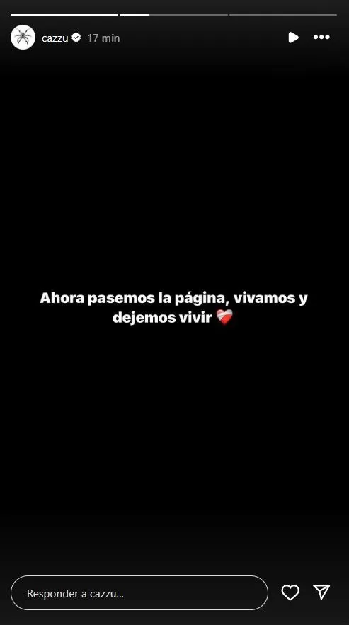 Historia de Cazzú al finalizar su pronunciamiento luego del polpemico beso de Nodal y Ángela Aguilar/Foto: Instagram