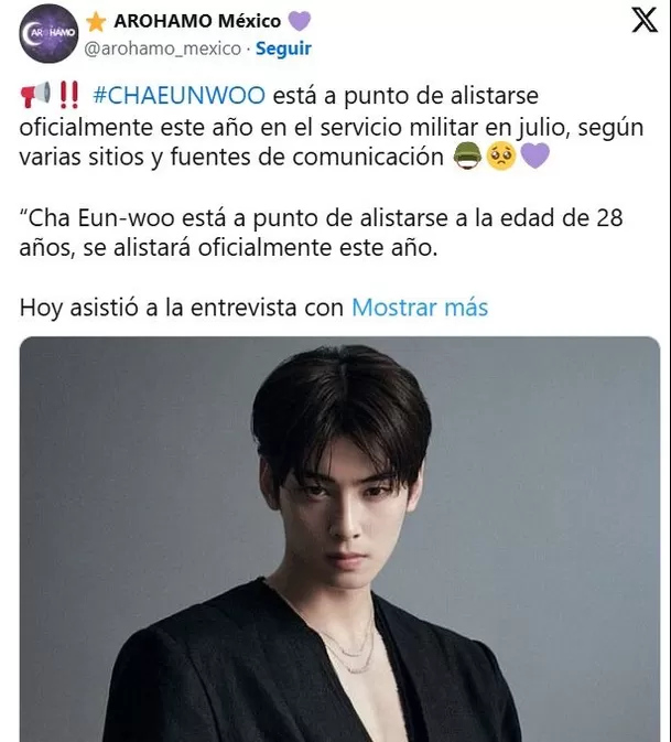 Confirman que Cha Eun Woo se prepara para el enlistamiento militar en Corea del Sur / X Confirman que Cha Eun Woo se prepara para el enlistamiento militar en Corea del Sur / X