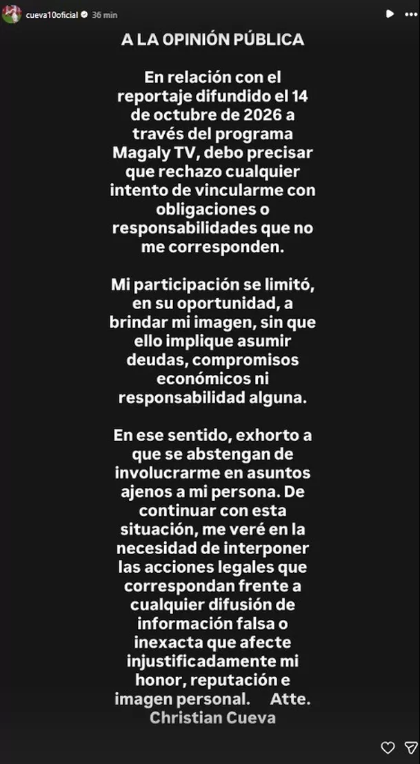 Christian Cueva rompe su silencio y niega deuda de S/ 58 mil por panetones / IG: cueva10oficial Christian Cueva rompe su silencio y niega deuda de S/ 58 mil por panetones / IG: cueva10oficial