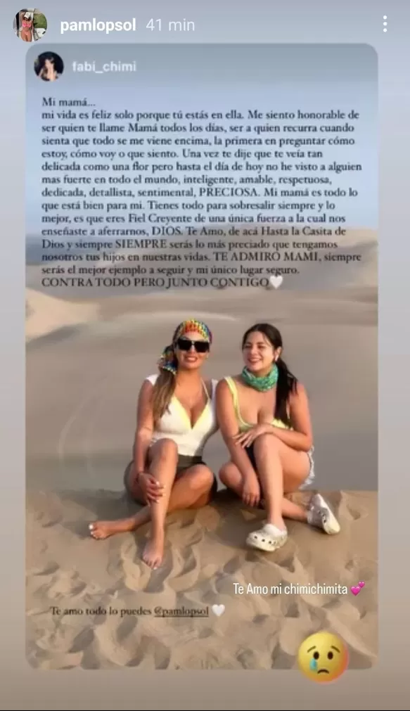 Mensaje de Fabianne a su madre Pamela López. Fuente: Instagram