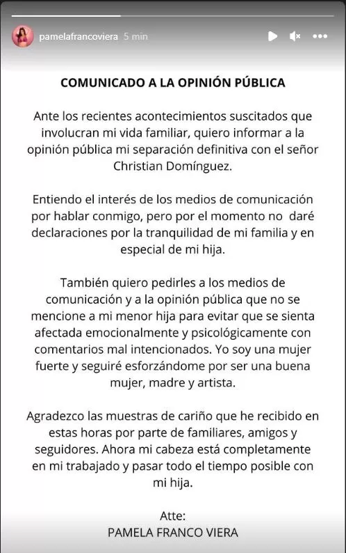 Pamela Franco oficializó el fin de su relación Christian Domínguez ante el escándalo que protagonizó/Foto: Instagram