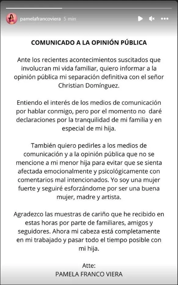 Pamela Franco oficializó el fin de su relación Christian Domínguez ante el escándalo que protagonizó/Foto: Instagram