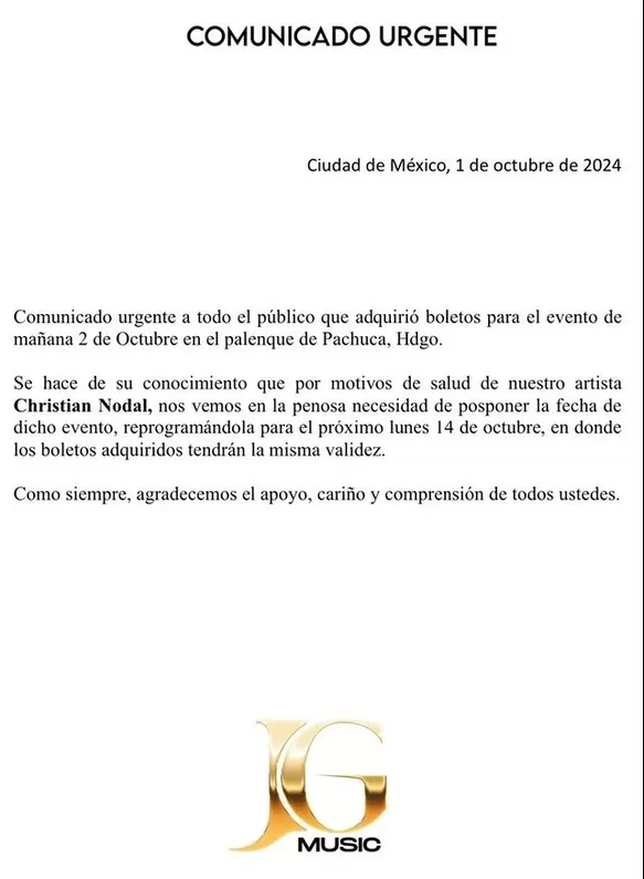 Comunicado de la publicista de Christian NOdal postergando la presentación pacatada para este 2 de octubre en Hidalgo/Foto: Instagram