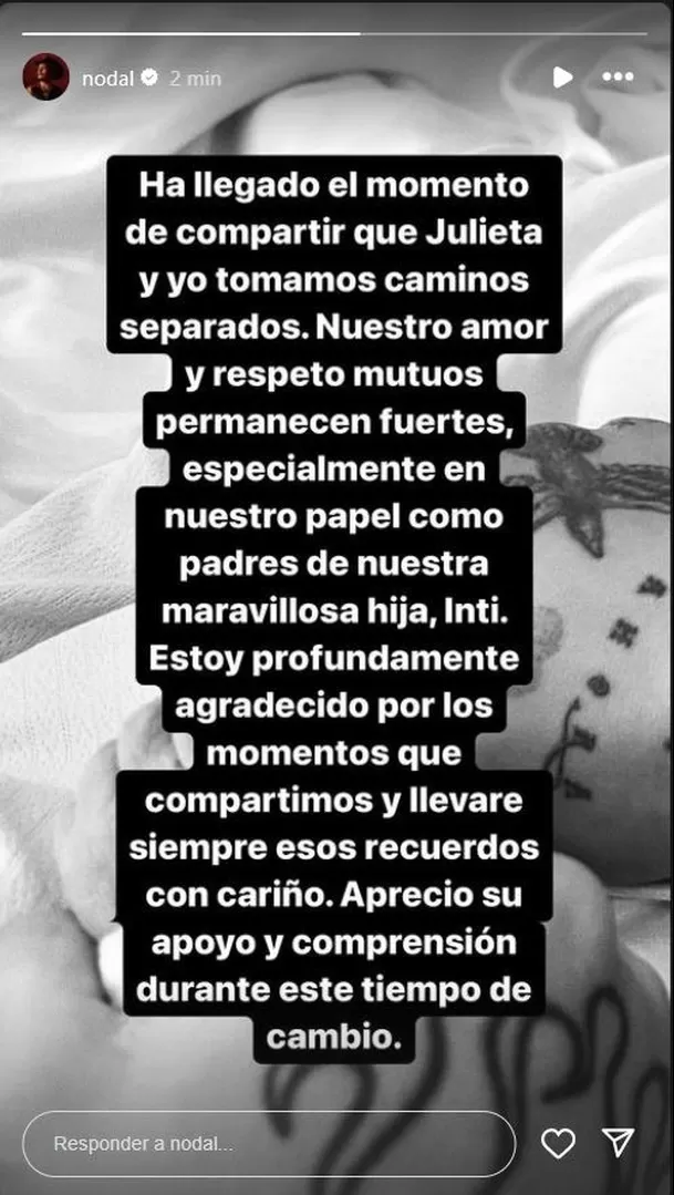 Comunicado de Christian Nodal confirmando el fin de su relación con Cazzu/Foto: Instagramn