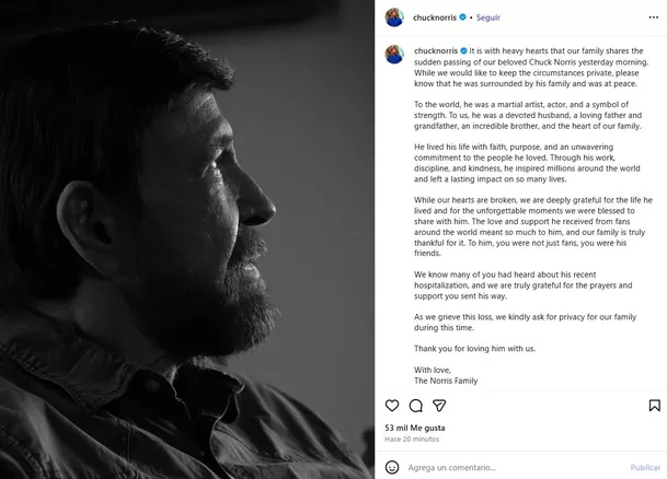 Legendario actor Chuck Norris murió a los 86 años en Hawái Legendario actor Chuck Norris murió a los 86 años en Hawái