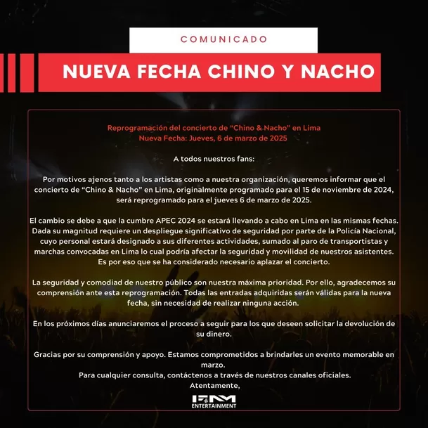 Comunicado sobre el cambio de fecha del concierto de Chino y Nacho en Lima / Instagram