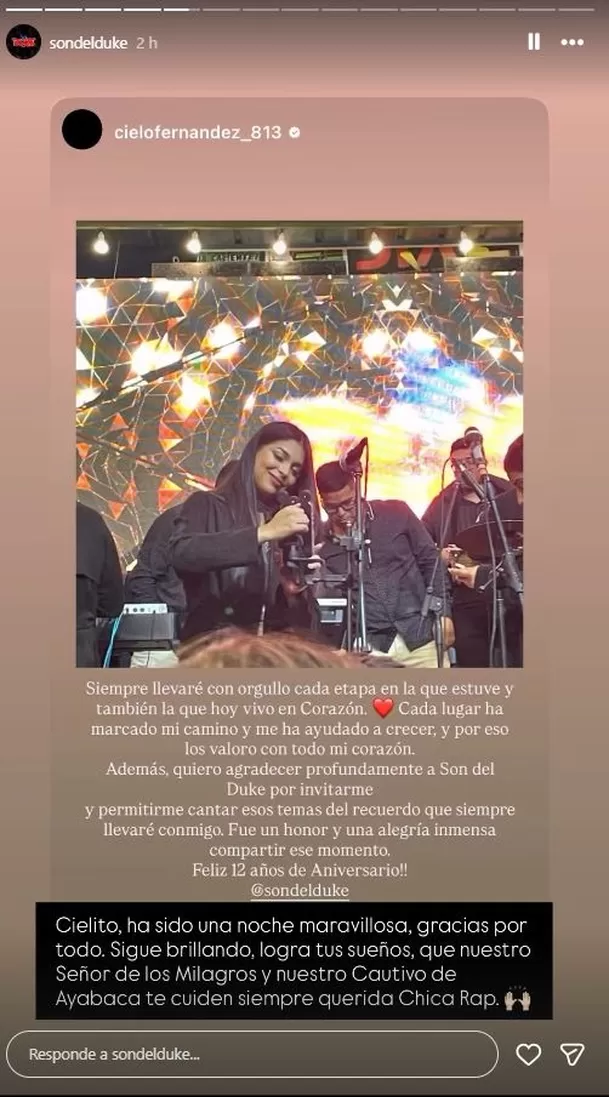 Cielo Fernández dejó mensaje de agradecimiento a Son del Duke. Foto: Instagram Cielo Fernández dejó mensaje de agradecimiento a Son del Duke. Foto: Instagram