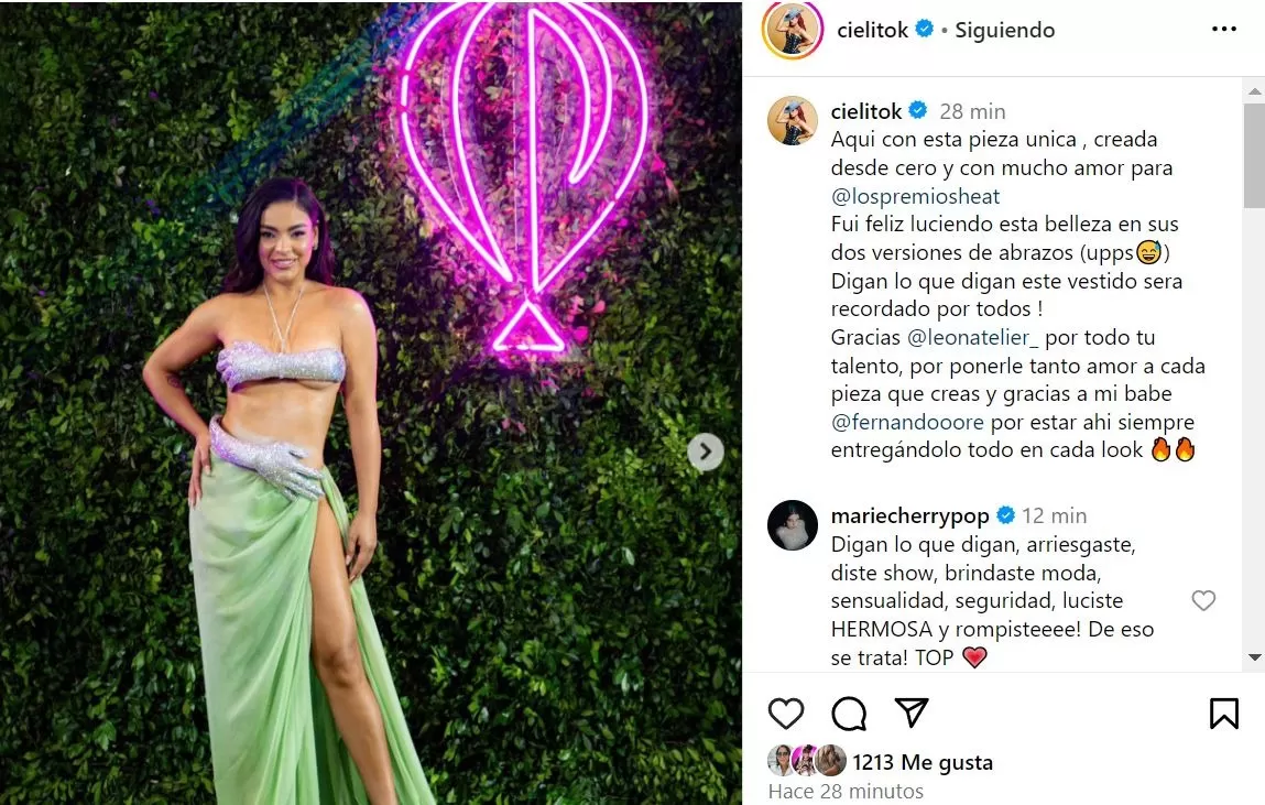 La respuesta de Cielo Torres a críticas por su vestuario en los Premios Heat 2024 / Instagram