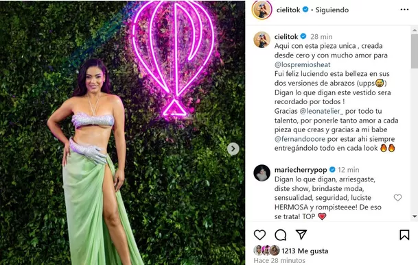 La respuesta de Cielo Torres a críticas por su vestuario en los Premios Heat 2024 / Instagram