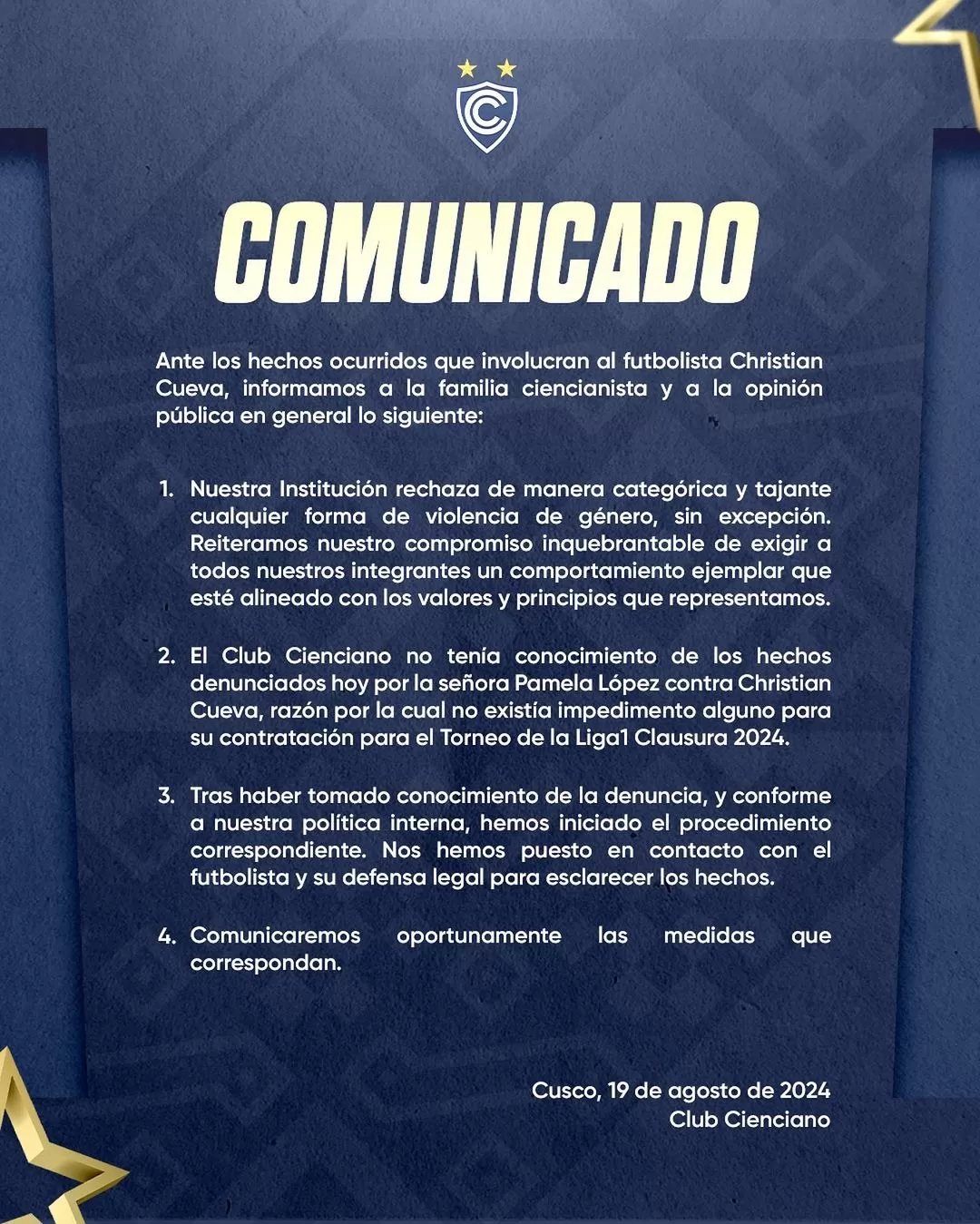 Comunicado de Cienciano sobre Christian Cueva. Fuente: Cienciano