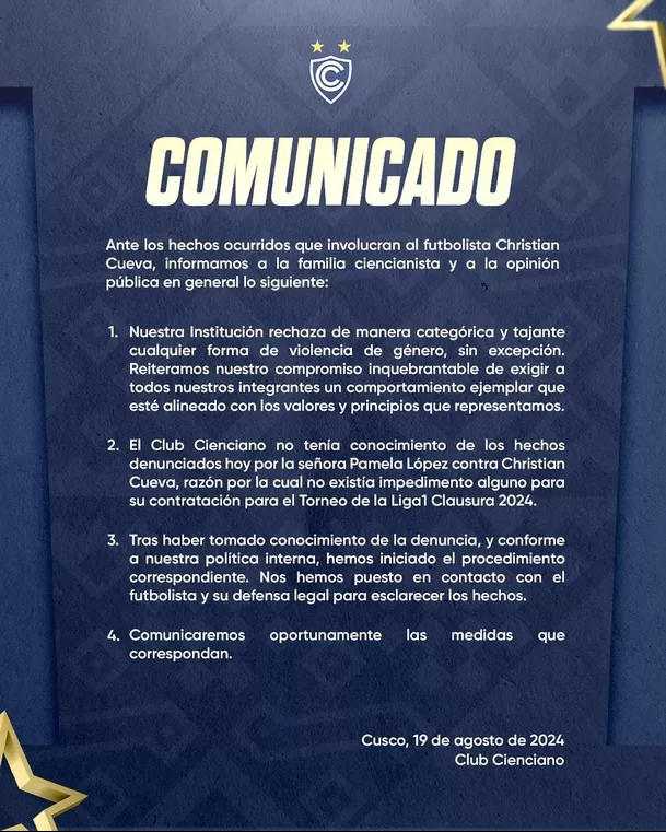 Comunicado de Cienciano sobre Christian Cueva. Fuente: Cienciano