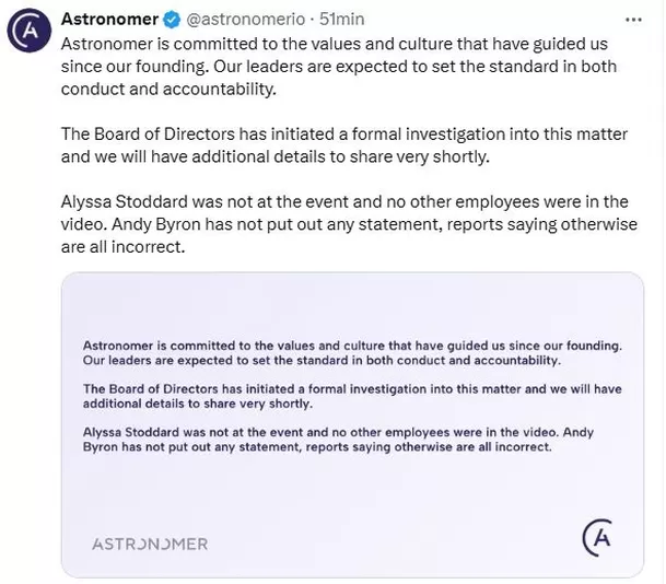 Comunicado de Astronomer tras infidelidad de su CEO Andy Byron / X