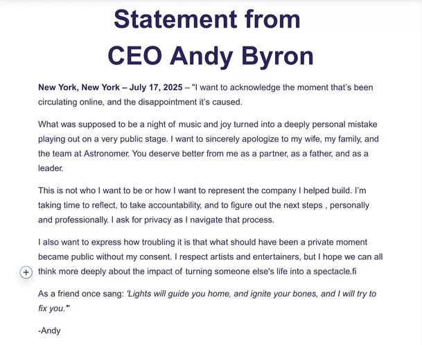 Andy Byron pidió disculpas por infidelidad en concierto de Coldplay. Fuente: Instagram