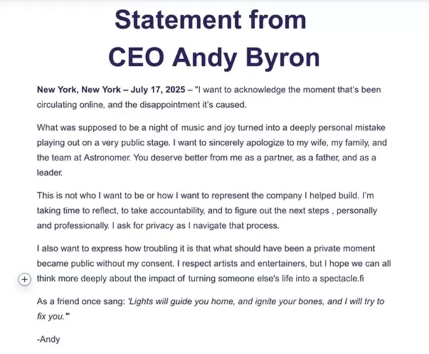 Andy Byron, el CEO de Astronomer, lanzó comunicado tras infidelidad en concierto de Coldplay / Instagram