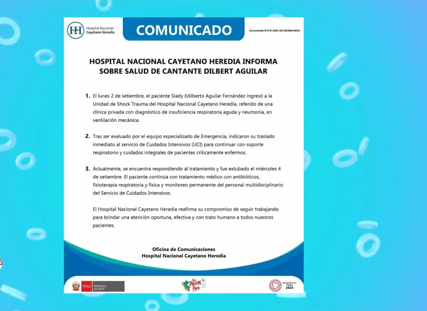 Comunicado oficial del Hospital Nacional Cayetano Heredia sobre la salud de Dilbert Aguilar/Foto: América Hoy