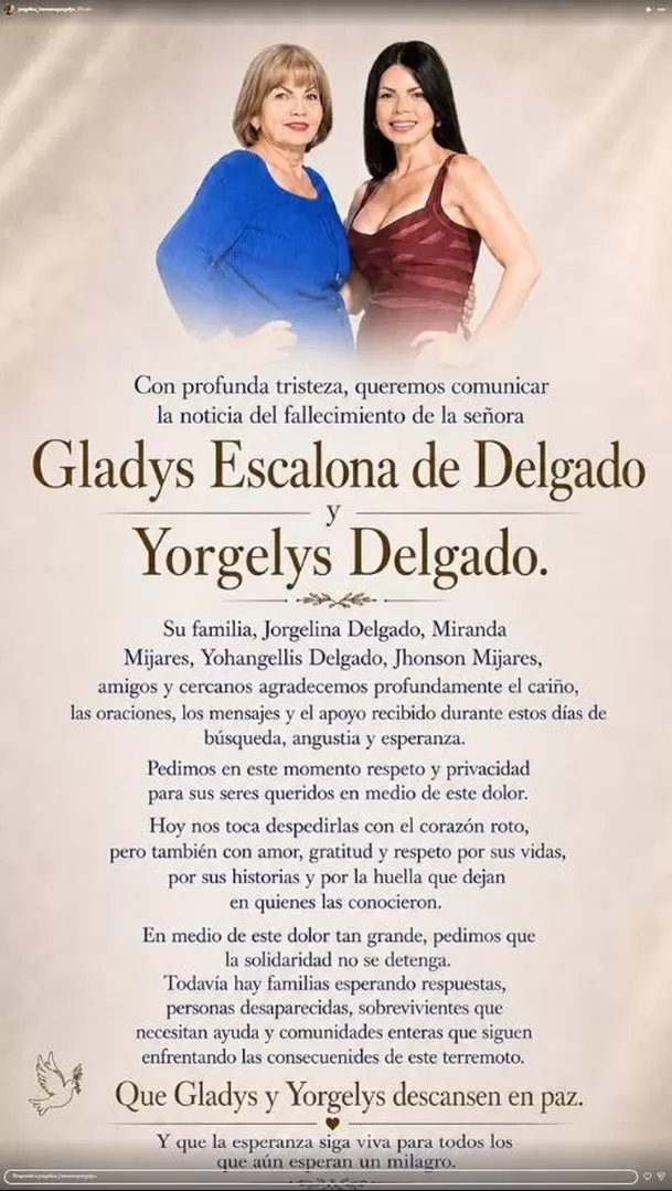 Confirman fallecimiento de Yorgelis Delgado y su mamá / IG: jorgelina_hermanayorgelys Confirman fallecimiento de Yorgelis Delgado y su mamá / IG: jorgelina_hermanayorgelys