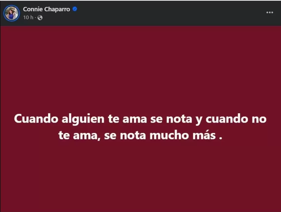 Mensaje de Facebook que compartió Connie Chaparro y que alertó a los seguidores de la pareja/Foto: Facebook